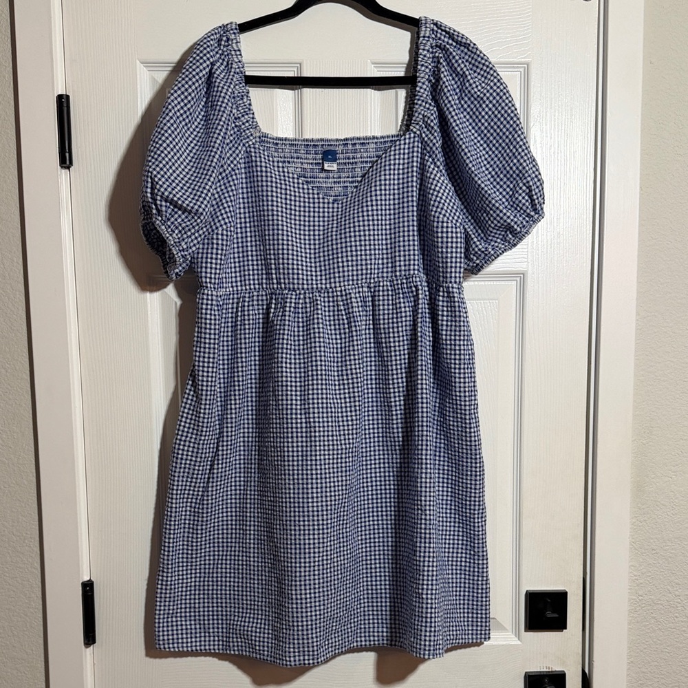 Old Navy Blue and White Gingham Square Neck Puff Sleeve Mini Dress